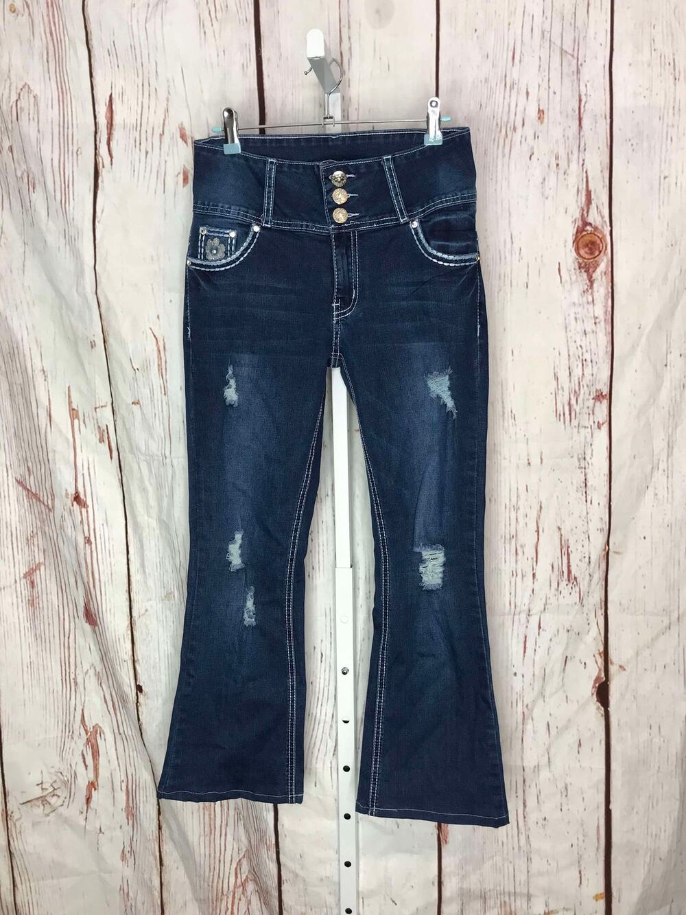 silver diva dark wash mid rise y2k distrass flare jean